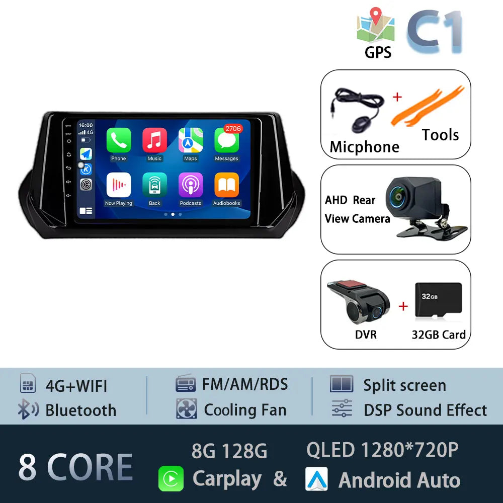 Car Stereo with Apple CarPlay & Android Auto, Compatible with Peugeot 2008 & 208 (2019-2022)
