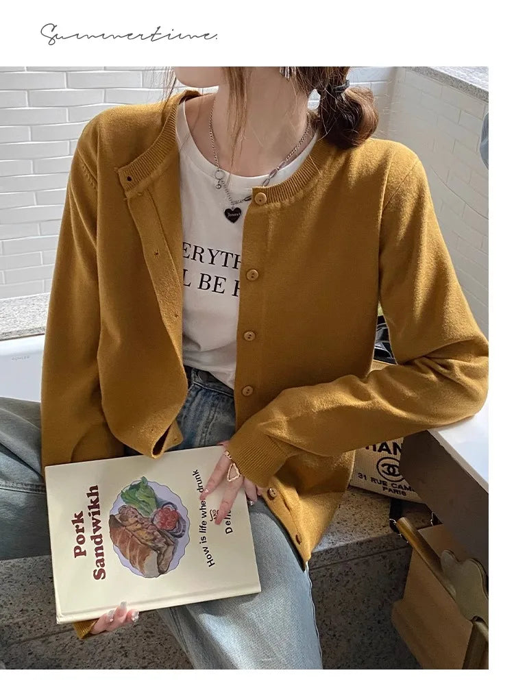 Women's Slim Button Cardigan — Crew Neck Knit