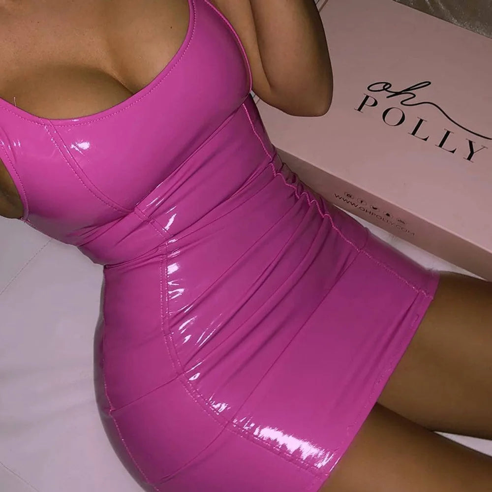 Womens Dresses 2025 Summer Nightclub Party Sexy Hot Girl Sleeveless Zipper PU High Elastic Round Neck Hip Wrap Mini Dress Y2K