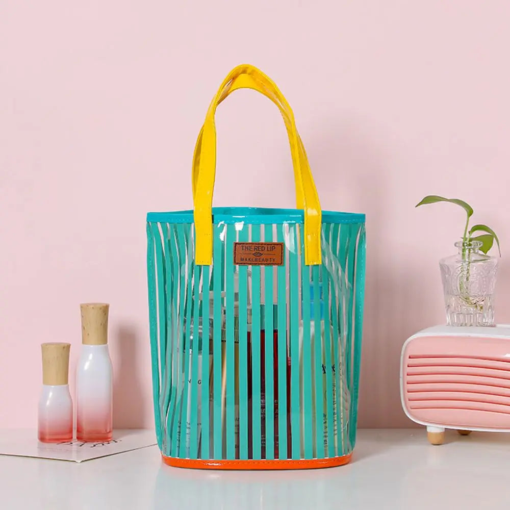 Large Capacity Transparent Handbag Waterproof Stripe Print Beach Bag Wash Bag Protable Travel Shopping Sundry Storage