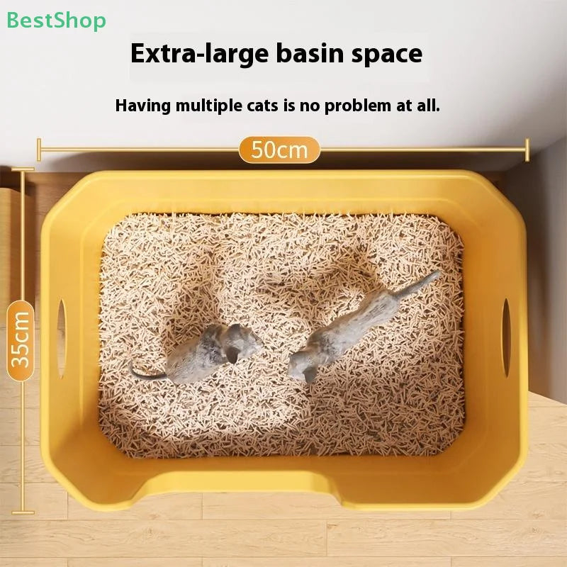 ♥Extra Large Cat Litter Box;Semi-Enclosed & Open Design, Anti-Splash Cat Toilet with High Sides