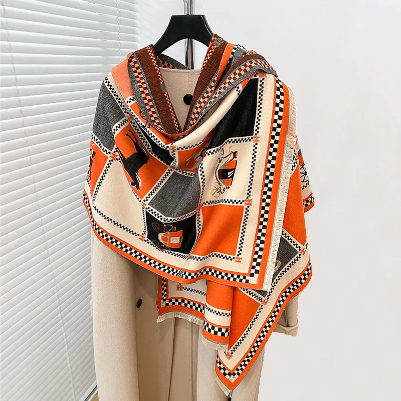 Women's Horse Print Poncho Shawl Wrap, Thick Winter Scarf