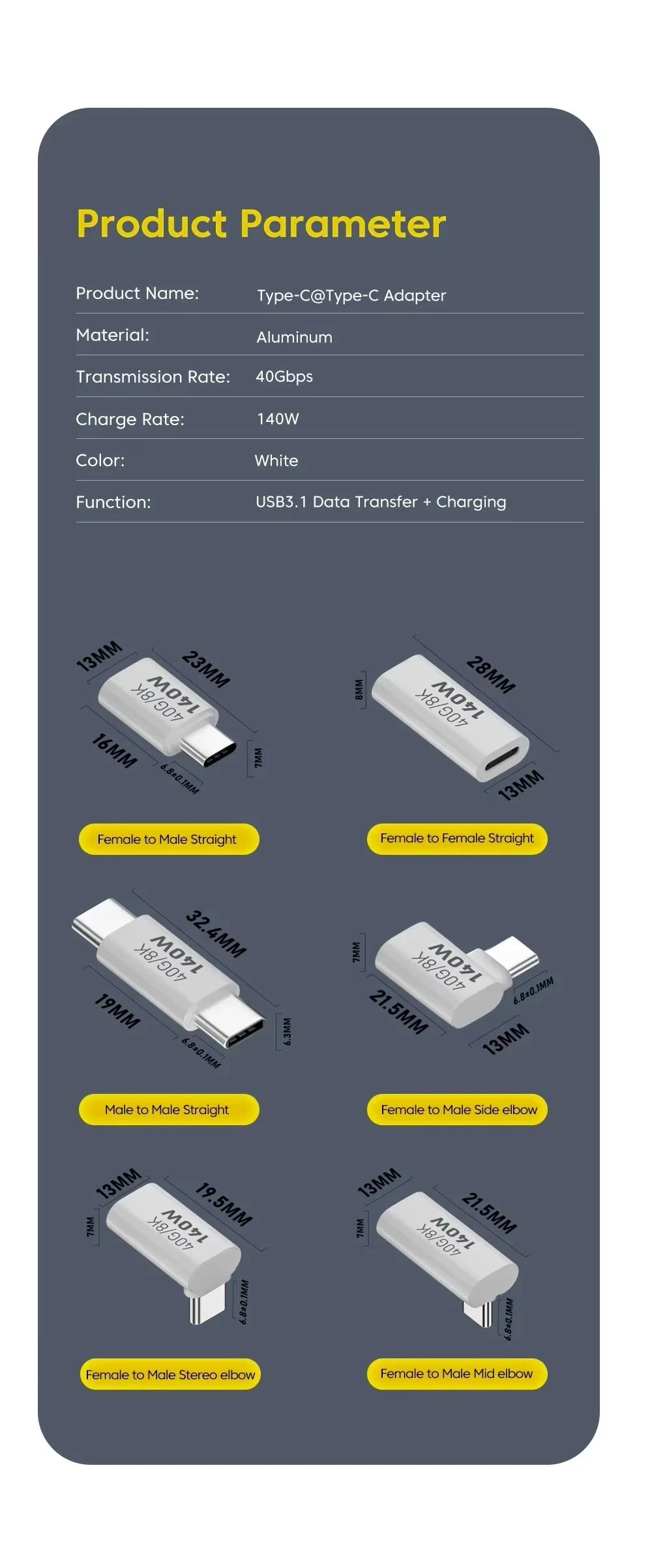 NNBILI 140W 40Gbps OTG Type C Adapter 90 degree USB C to Type C Fast Charging USB3.1 Data Transfer Adapter For iPhone 15 Macbook