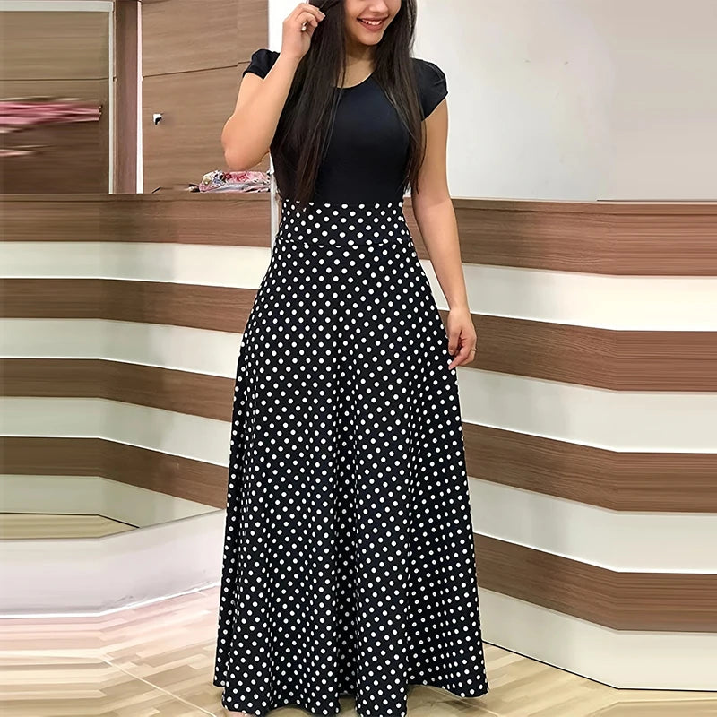 Women's Pleated Maxi Dress - Printed Crew Neck, Slim Waist Elegant