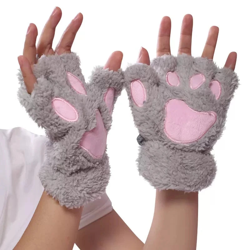 Women's Cat Paw Plush Mittens, Fingerless