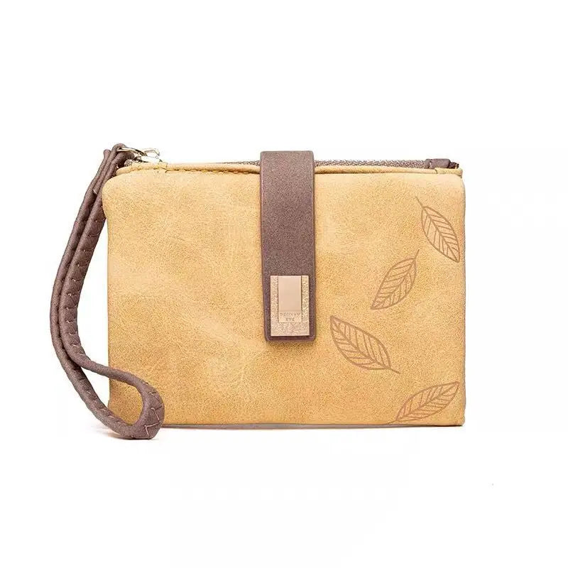 Spring/Summer 2026 new women's short wallet, high-quality PU hardware leaf buckle, solid color zipper, student coin coin purse,