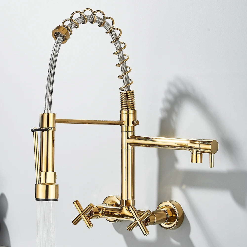 Pull Down Kitchen Faucet Wall Mounted Spring  Hot Cold Water Dual Spouts Kitchen Tap 20cm Distance For Two Holes