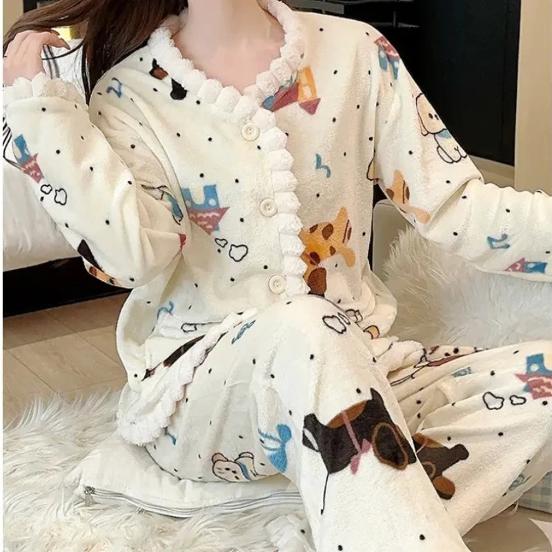 Women's Coral Fleece Pajamas - Printed Button Cardigan Sleep Set - photo 2