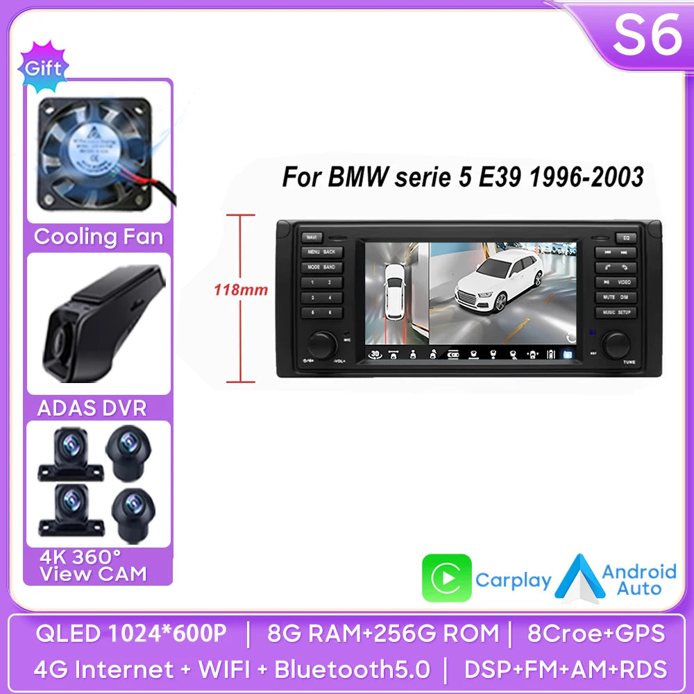 7" Android Car Stereo for BMW 5 Series E39 & X5 E53 (1996–2003) — Android Auto, GPS, 4G, WiFi, 2-DIN