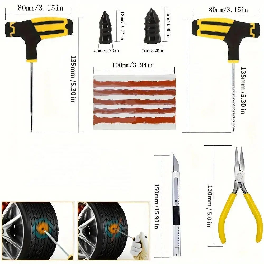Emergency Tire Repair Kit - Heavy-Duty Glue & Rubber Strips for Flat Puncture Fix on Cars/Trucks/RVs, On-the-Go Safety Solution