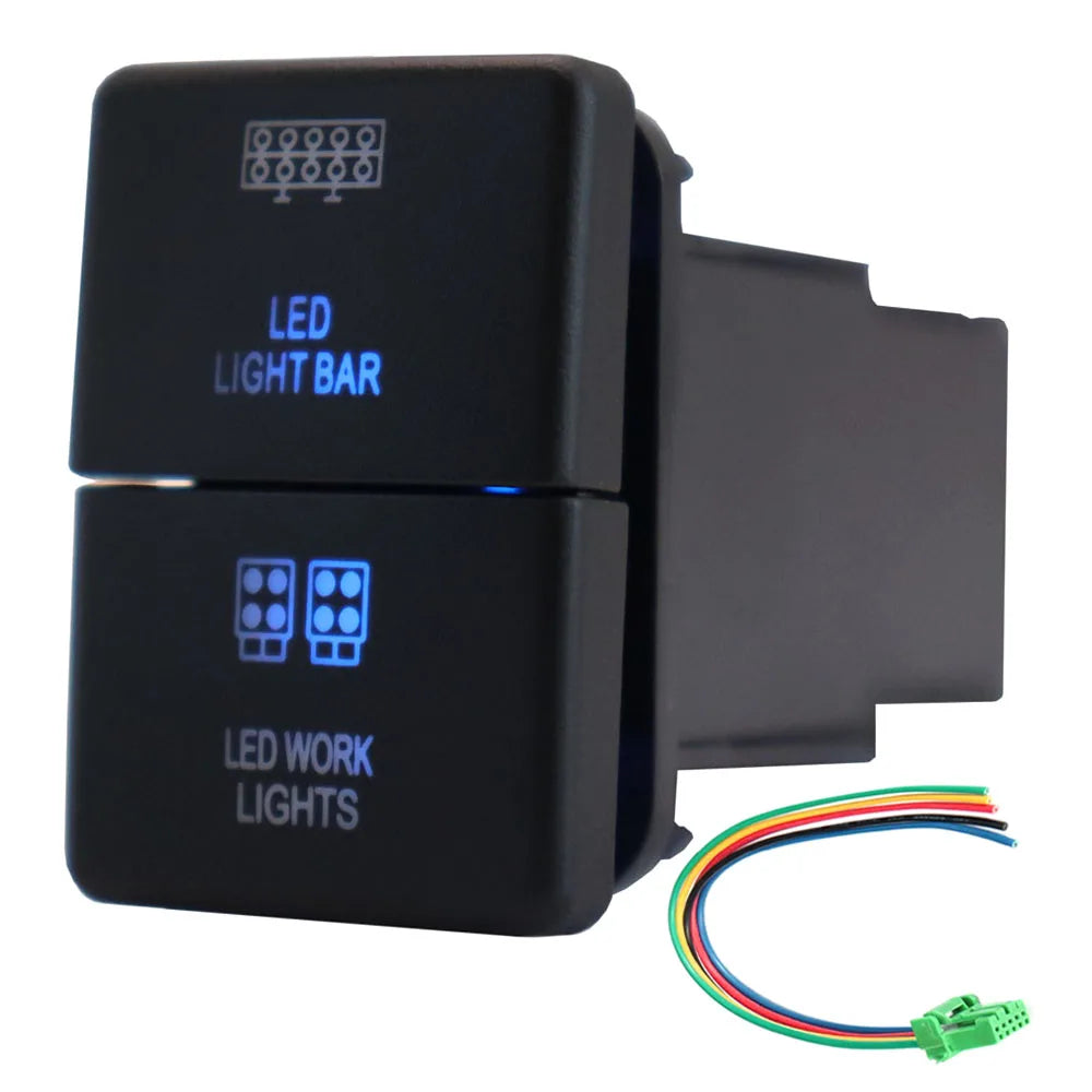12V Dual Push Button Switch ON-Off Blue/Green Backlit 32.5mm X 22mm for Toyota 4Runner Hilux Prado RAV4, with Connector Wire