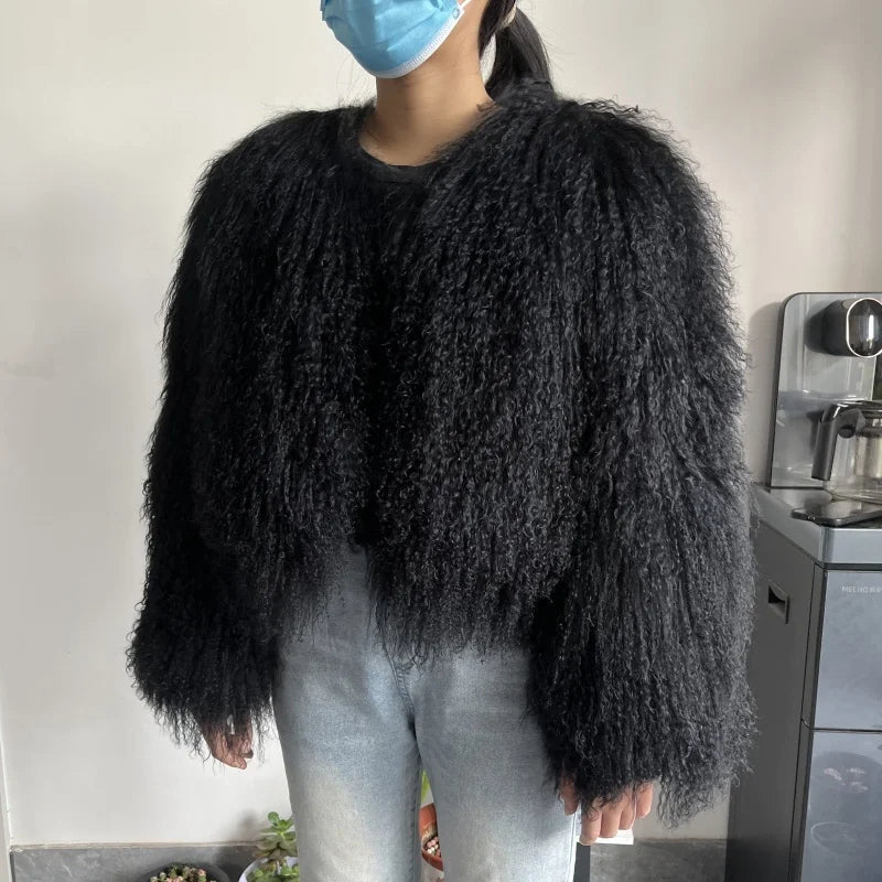 Women's Mongolian Sheep Fur Jacket, Round Neck