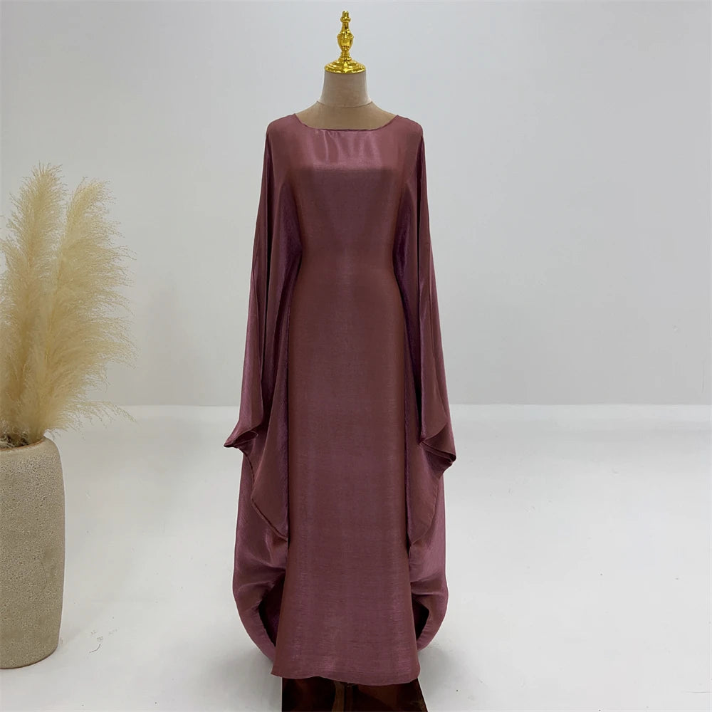 Shimmer Batwing Satin Abaya – Luxury Muslim Kaftan Dress for Eid & Ramadan