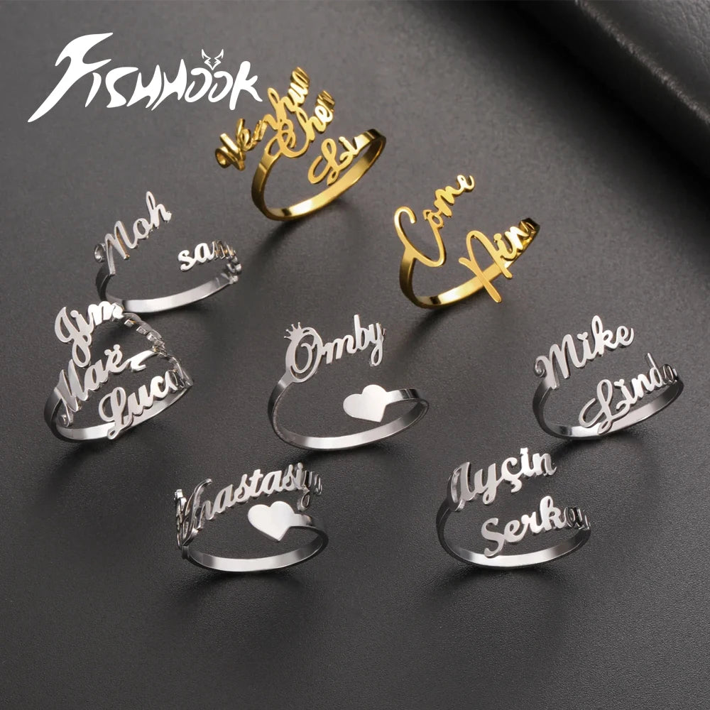Custom Double First Name Finger Ring For Women Men Personalized Couple Family Gift Gold Color Stainless Steel Metal Jewelry