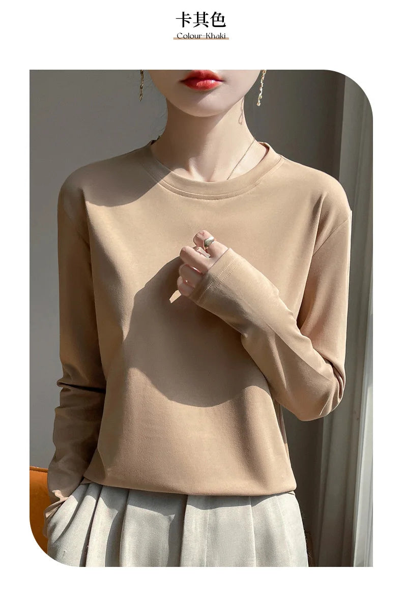 Spring And Summer New Mercerized Cotton Long Sleeve T-shirt Women's Round Neck Loose 100% Cotton Bottoming T-shirt