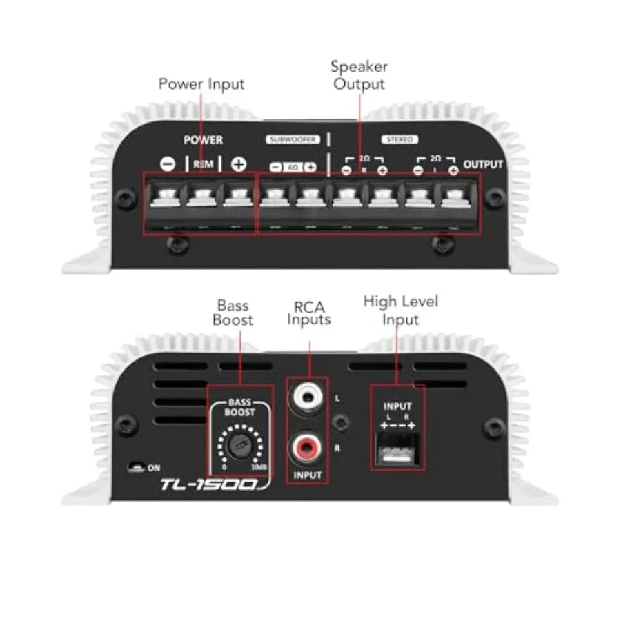 TL 1500 Full Range 390 watts RMS 3 Channels Car Audio 2 Stereo Channels 1 Sub Channel Class D Amplifier, RCA/Wire Input, Bass B