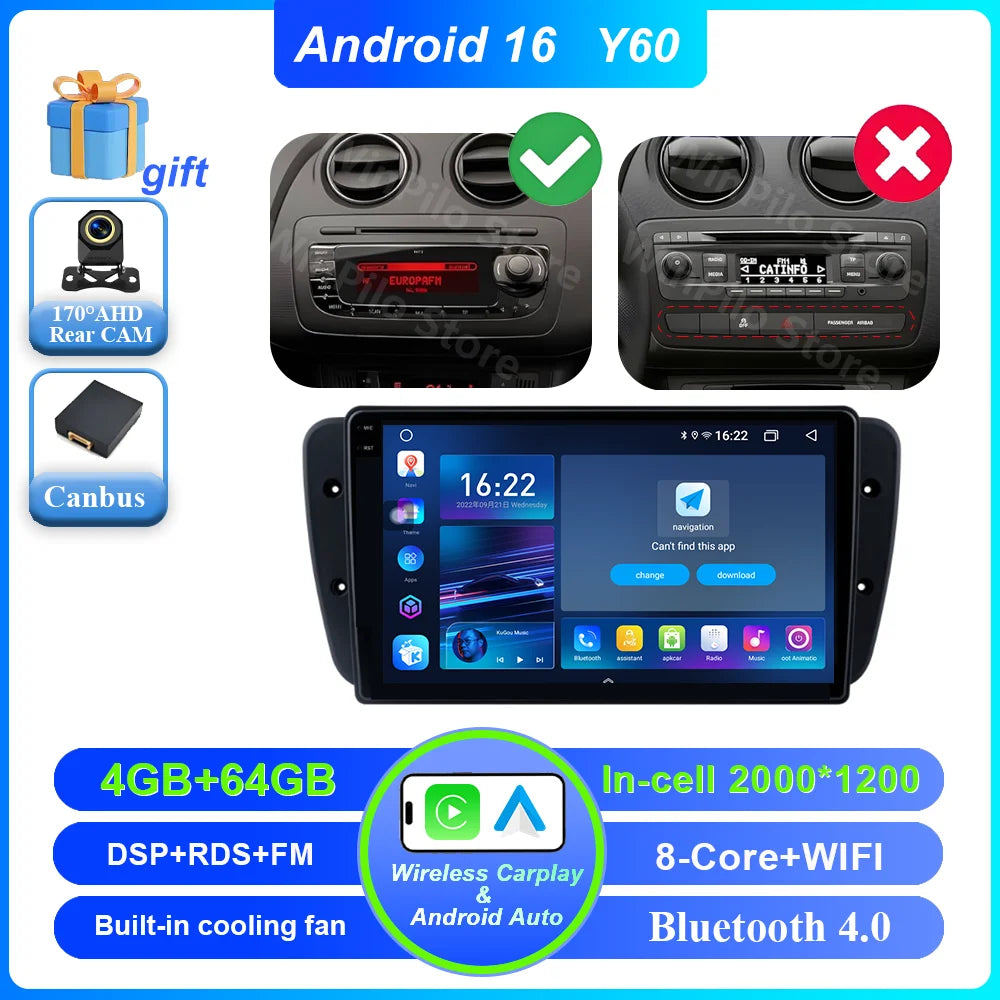 9" Android Car Stereo for Seat Ibiza MK4 6J (2008–2015) — CarPlay, Android Auto, GPS, 4G, WiFi