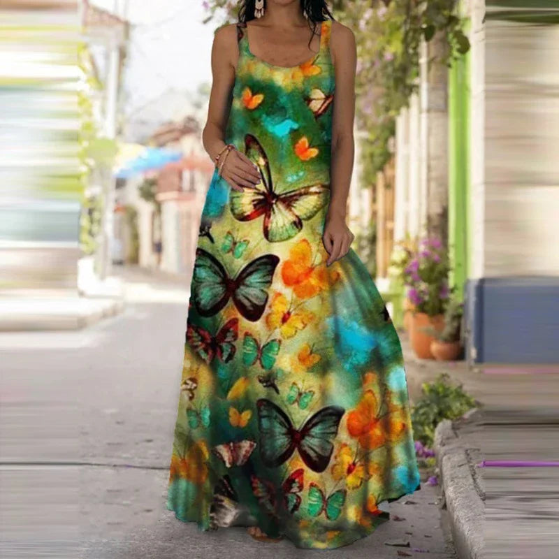 Women's Butterfly-Print Maxi Dress - Sleeveless, Casual Summer