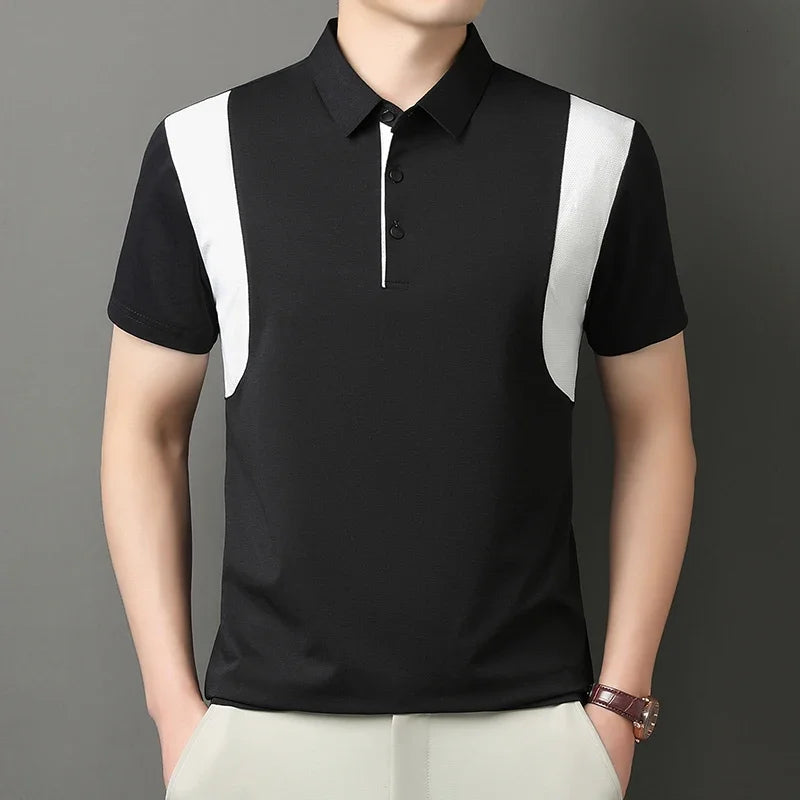 Men's Side-Block Polo Tee - Mesh Spliced, Breathable Slim Fit