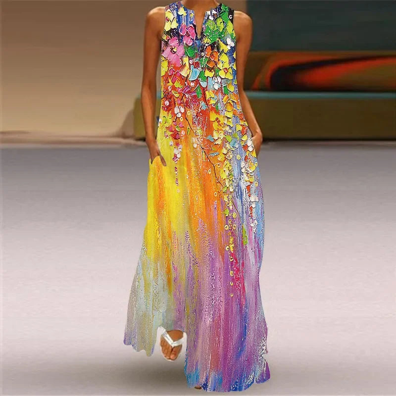 Women's Sleeveless V-Neck Maxi Dress — Vintage Print Loose Sundress with Pockets (Plus Size)