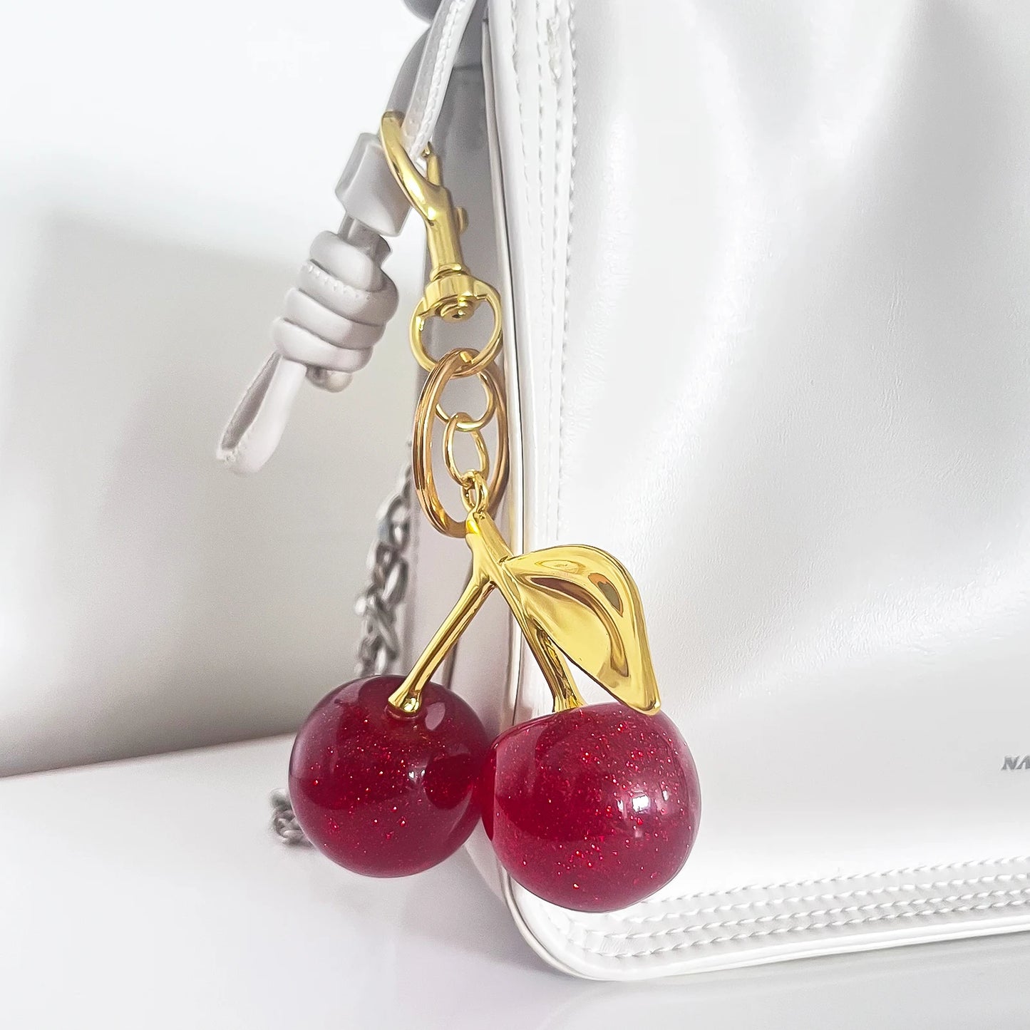 Cherry Crystal Bag Charm Keychain — Pink Fruit Keyring