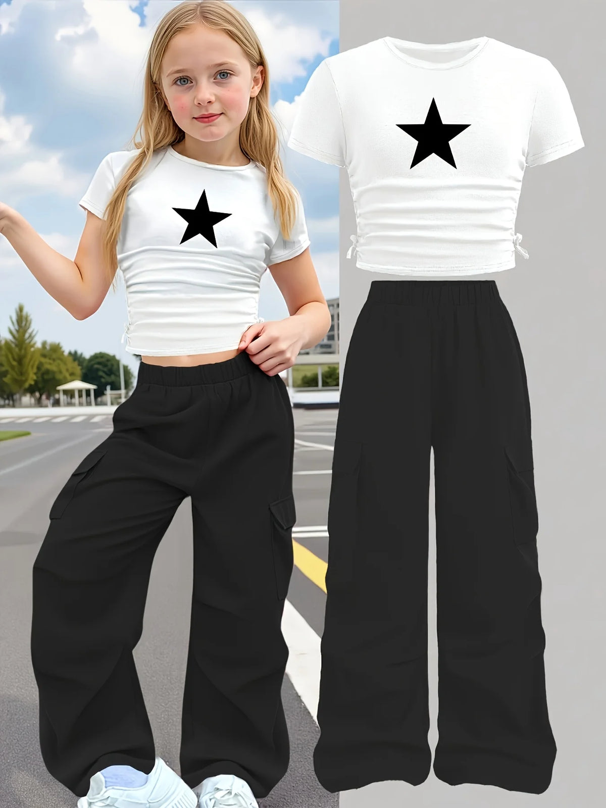 New Summer 2-Piece Set: Star-Print Slim-Fit Crew-Neck Short-Sleeve T-Shirt & Wide-Leg Pants (Stylish Casual Set for Girls)