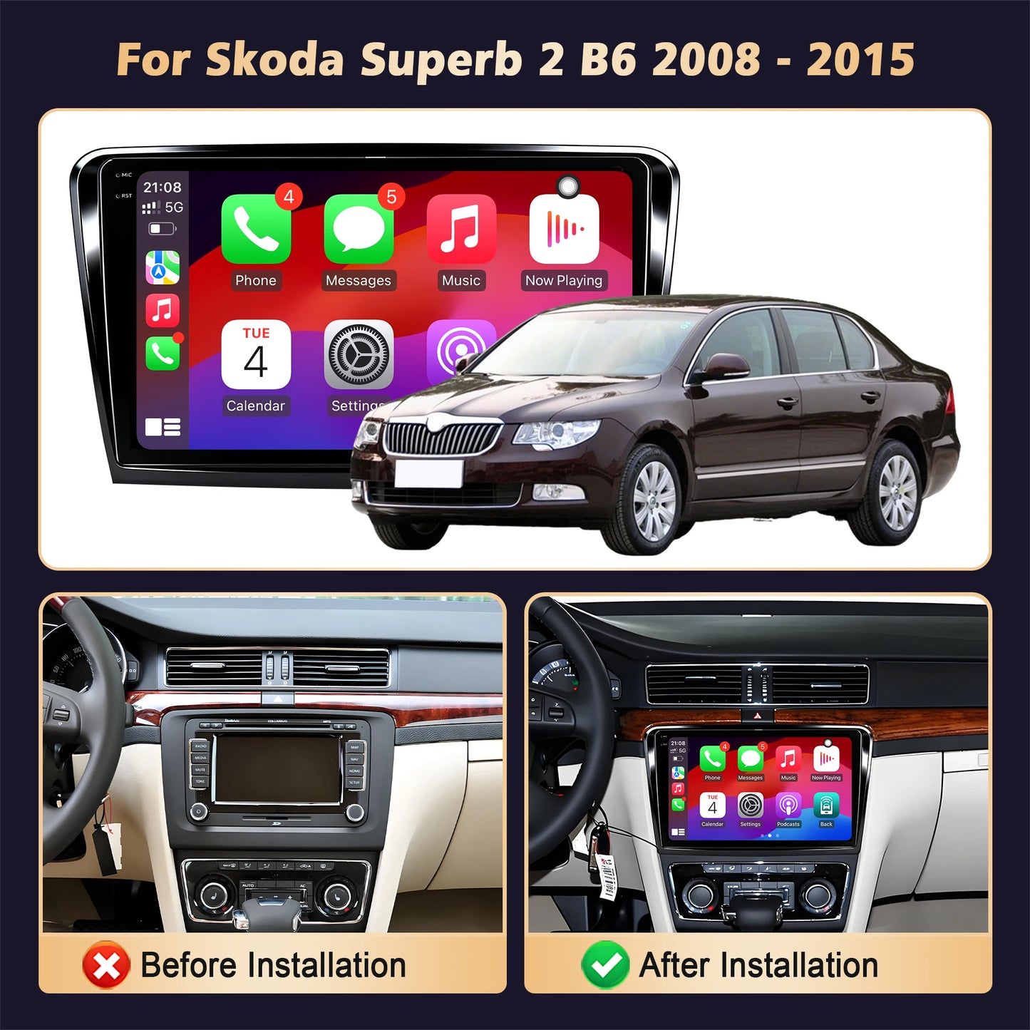 10inch Android 16 For Skoda Superb 2 B6 2008-2015 Car Radio BT Carplay Multimedia Navigation 2K QLED Screen