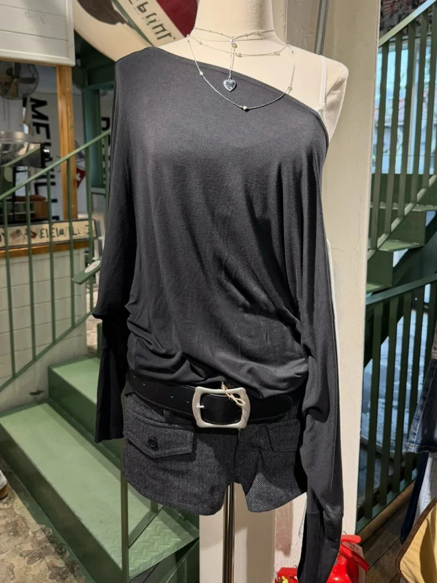 Long Batwing Sleeve T-shirts Woman Sexy Slash Neck Cotton Tee Shirts Female Casual Simple All-match Tshirts New Y2k Tops