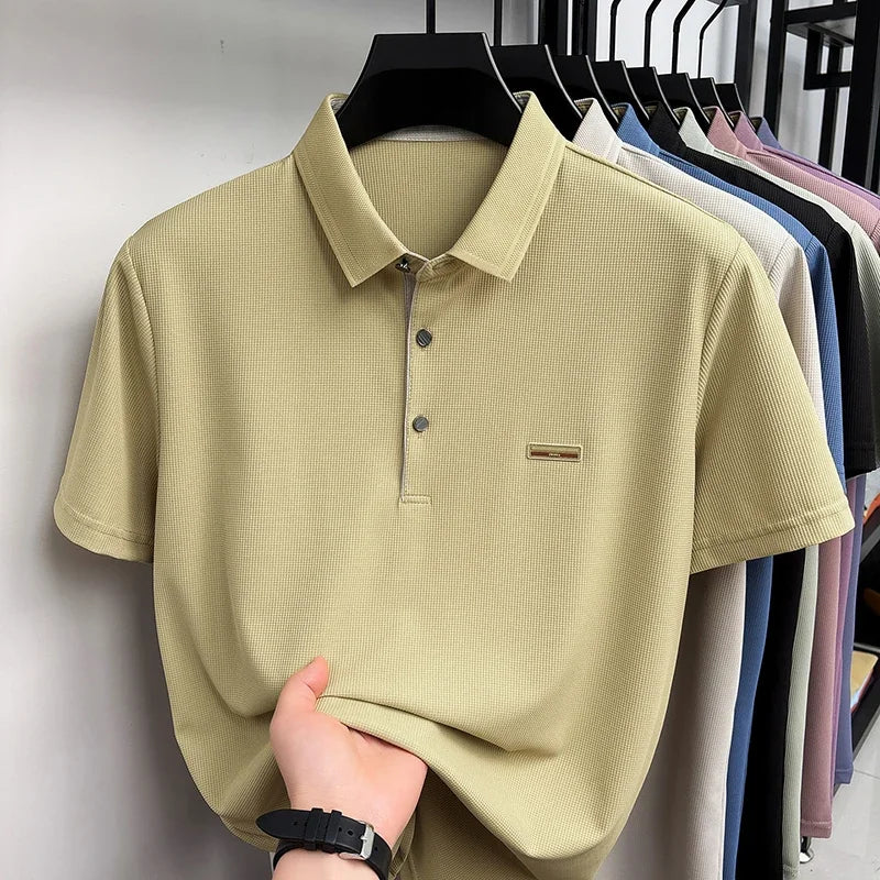 Men's Waffle Mesh Polo Tee - Lightweight Lapel, Elastic Comfort