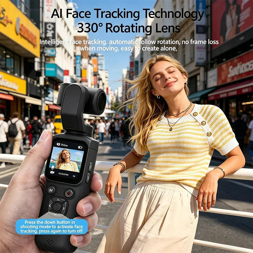 4K Pocket Gimbal Camera — 330° Face-Tracking Stabiliser, 75MP
