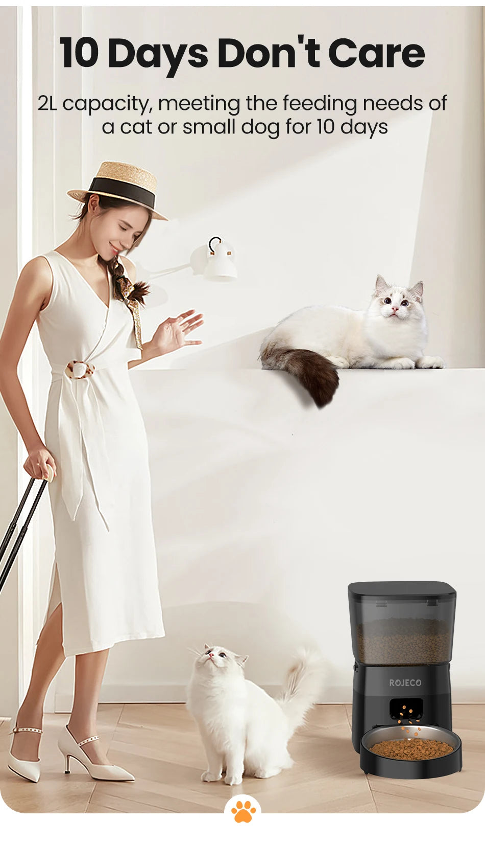 ROJECO Automatic Pet Feeder – 2L Smart Button Control Cat & Dog Food Dispenser | US/EU/KR Plug