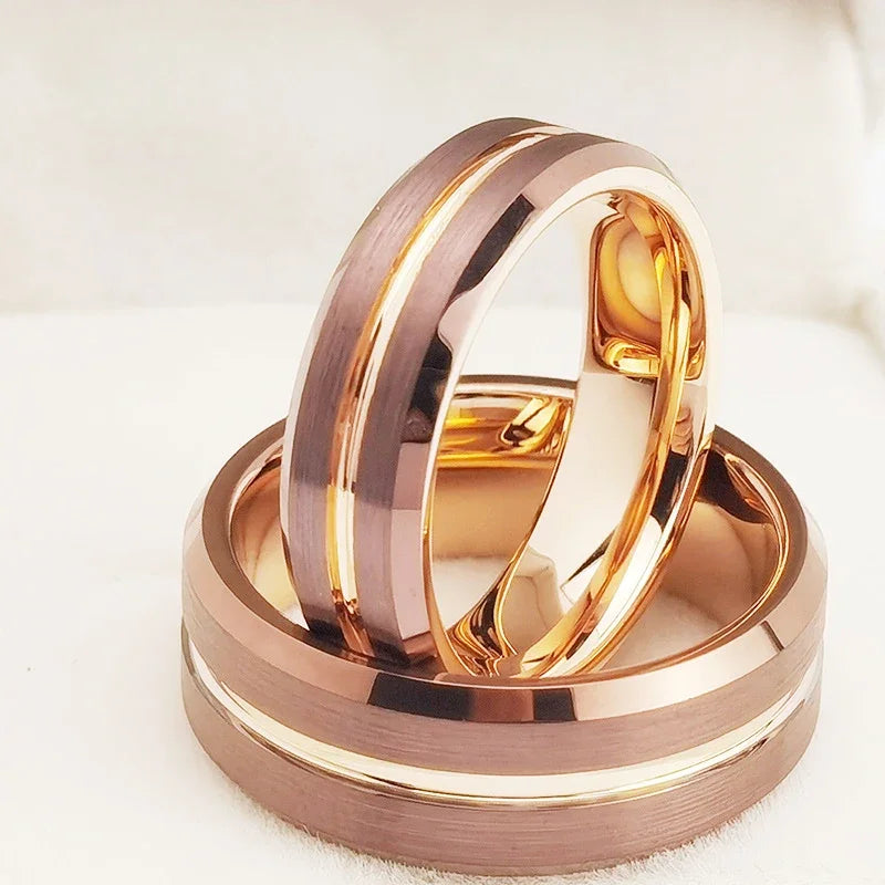 Tungsten Wedding Band — 6mm/8mm Rose Gold Tone Grooved Ring