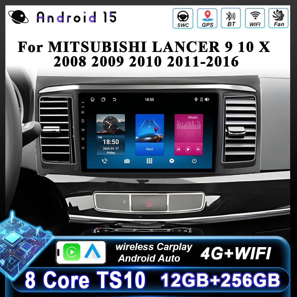Android Car Stereo for Mitsubishi Lancer 9, 10 & X (2008–2016) — CarPlay, GPS, DSP, 4G+WiFi, 2-DIN