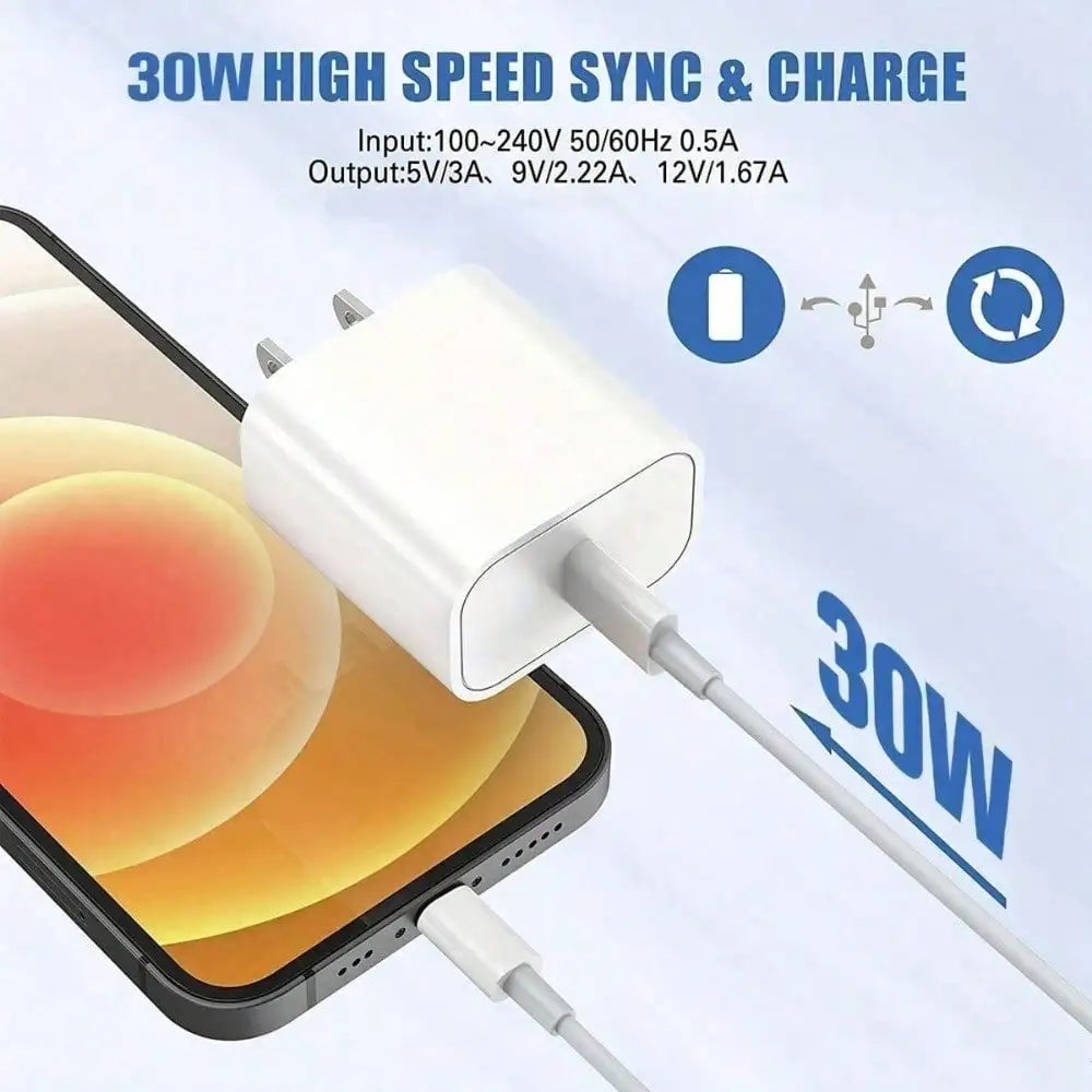 30W Fast Charging Kit – USB-C Wall Adapter + 3.3ft Data Sync Cable | FCC Certified Charger