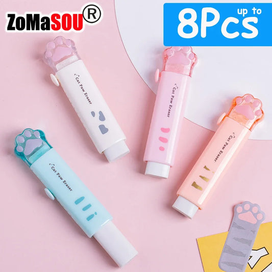 Kawaii Cat Paw Retractable Erasers – Kids School Set