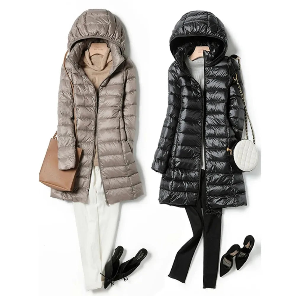 Women's Extra Long Puffer Coat - Detachable Hood Winter Jacket