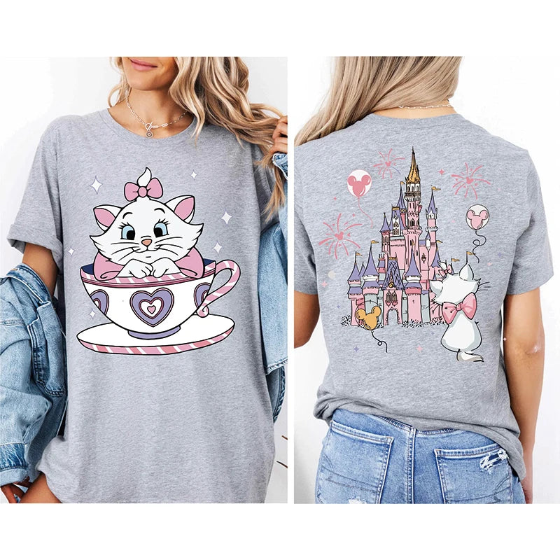 2026 Summer New The Aristocats Cartoon Anime Printed T-shirt Women's Fashion Casual T-shirt Mary Cat Crazy Teacup Party Shirt