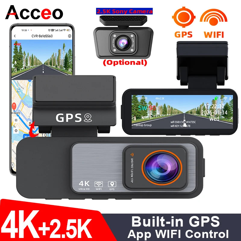 Dash Cam 4K UHD Recording Car Camera DVR Night Vision Video Recorder GPS Wi-Fi Support Dual Lens Room 2.5K Rear View Camera