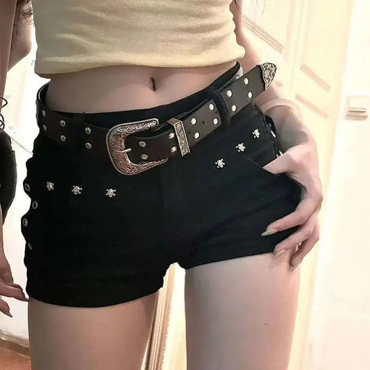 Women's Low-Waist Denim Shorts — Y2K Slim-Fit Black Jean Hot Pants