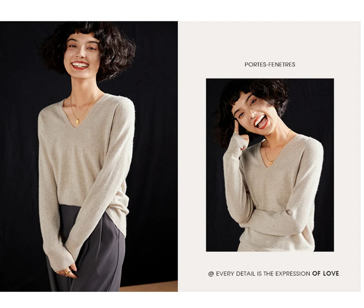 Women's Cashmere V-Neck Sweater, Knit Pullover