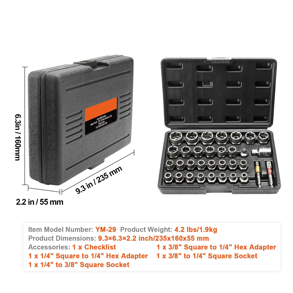29 Pc Bolt & Nut Extractor Set, CR-MO Steel 6-10mm Sockets