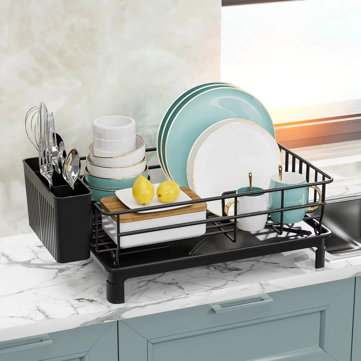Black Metal Dish Drying Rack with Utensil Holder & Drain Board - photo 7