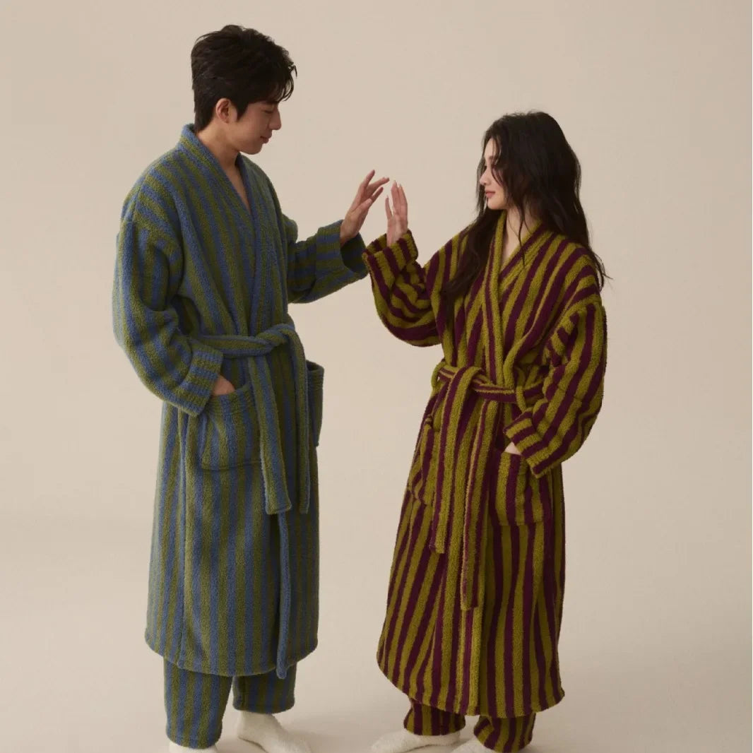 Striped Flannel Robe and Pants Set for Women and Men