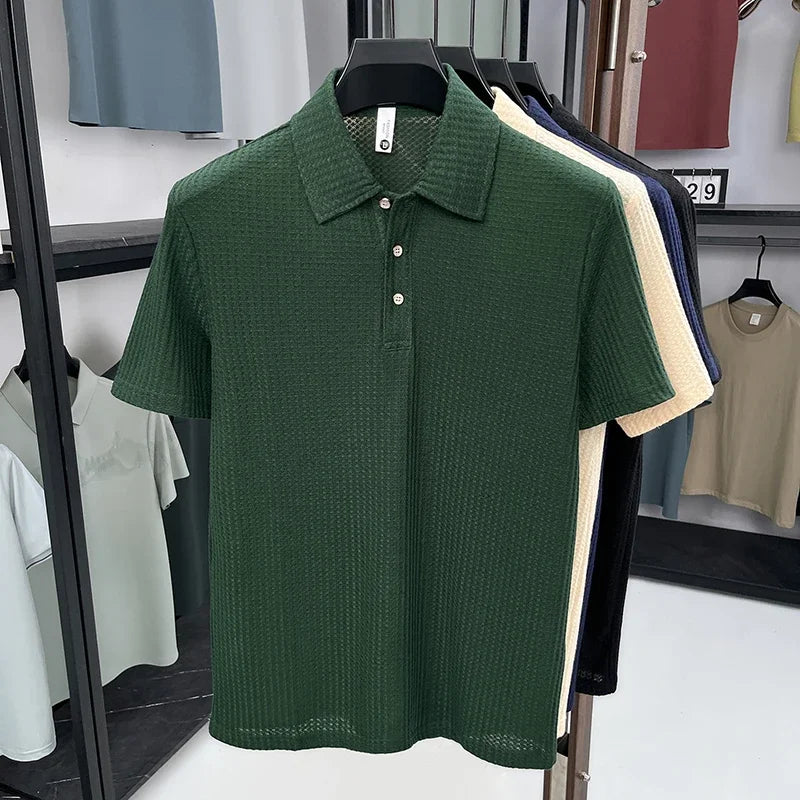 Men's Waffle-Knit Polo - Wrinkle-Free Three-Button, Office Casual