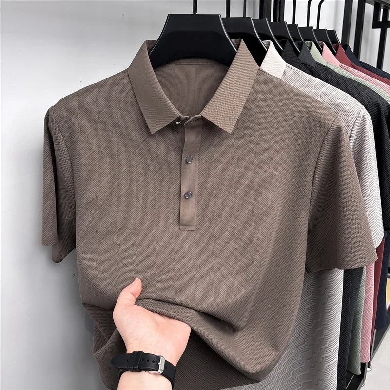 Men's Wavy-Texture Mesh Polo - Sweat-Wicking Lapel, Lightweight