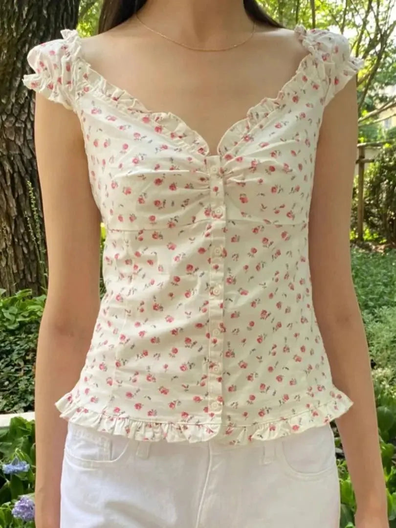 Ruffles White Basic Blouse Top for Woman Summer Folds Single Breasted Sleeveless Tank Tops Casual Cotton Vest Y2k Sweet Camisole