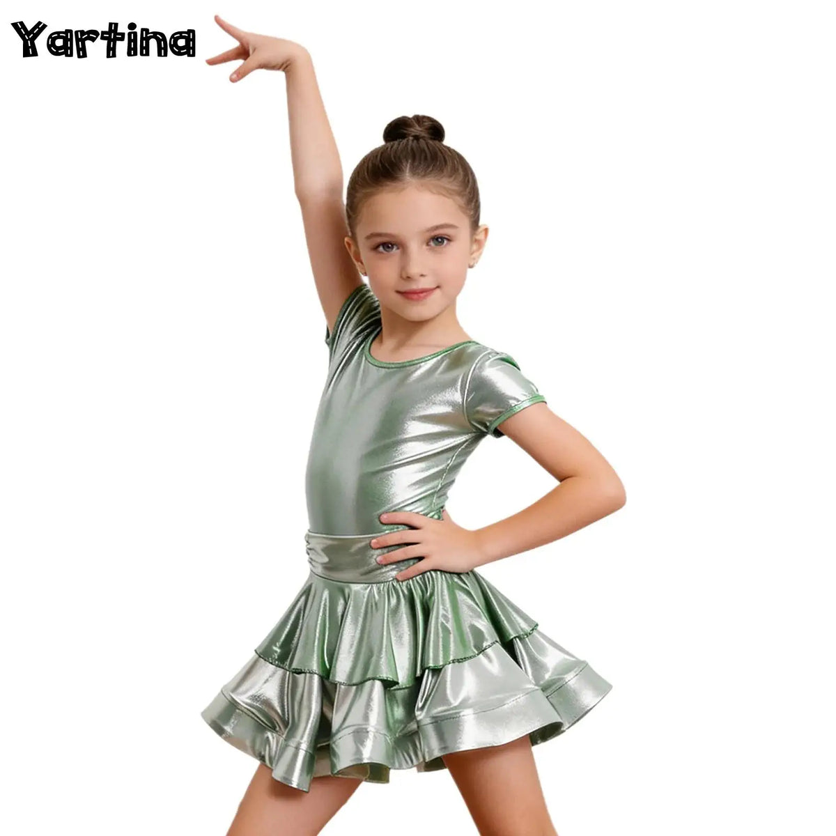 Girls cap-sleeve tiered metallic Latin dress