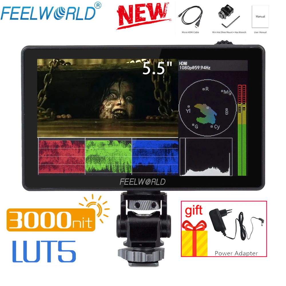 FEELWORLD 5.5 Inch 3000nit Ultra Bright Touch Screen Camera DSLR Field Monitor 4K HDMI Instal Kit for  Gimbal Rig Youtube LUT5
