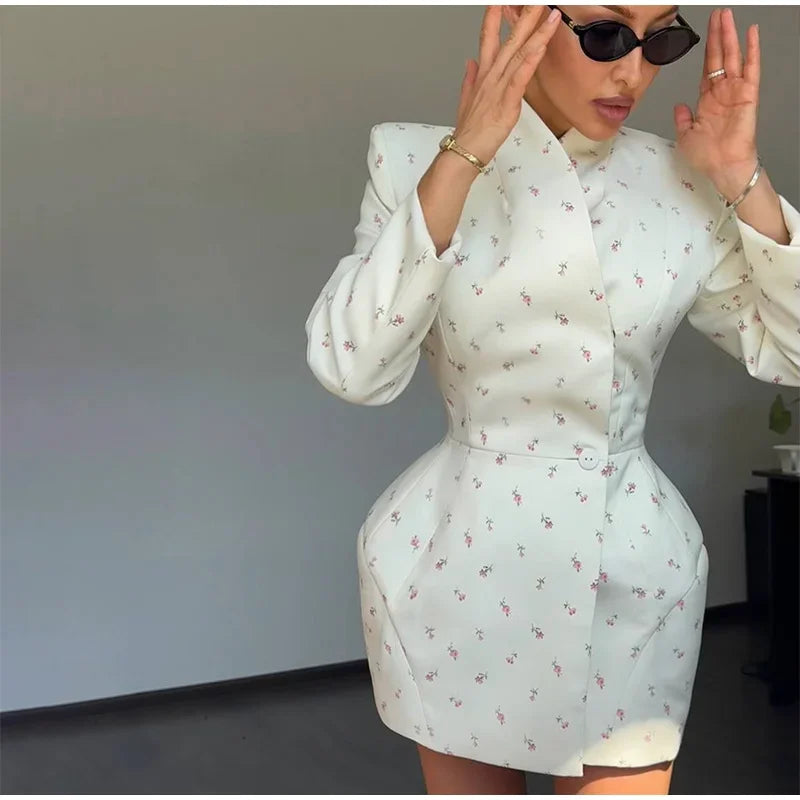 Women Cross Collar Floral Jacket Coats Stand Neck Waist Cinching Single Breasted Pad Shoulder Coats Lady Spring Chic Outwear Top