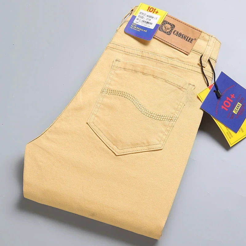 2024 New Spring Men's Slim Jeans Classic Style Straight Elasticity Cotton Denim Pants Male Brand Wine Red Black White Trousers